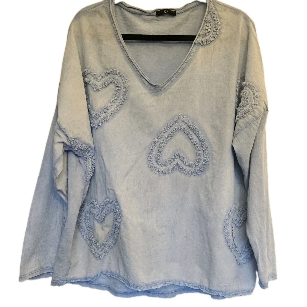 Made in Italy 100% Cotton Heart‎ Appliqué Lagenlook Oversized Boho Top Size O/S